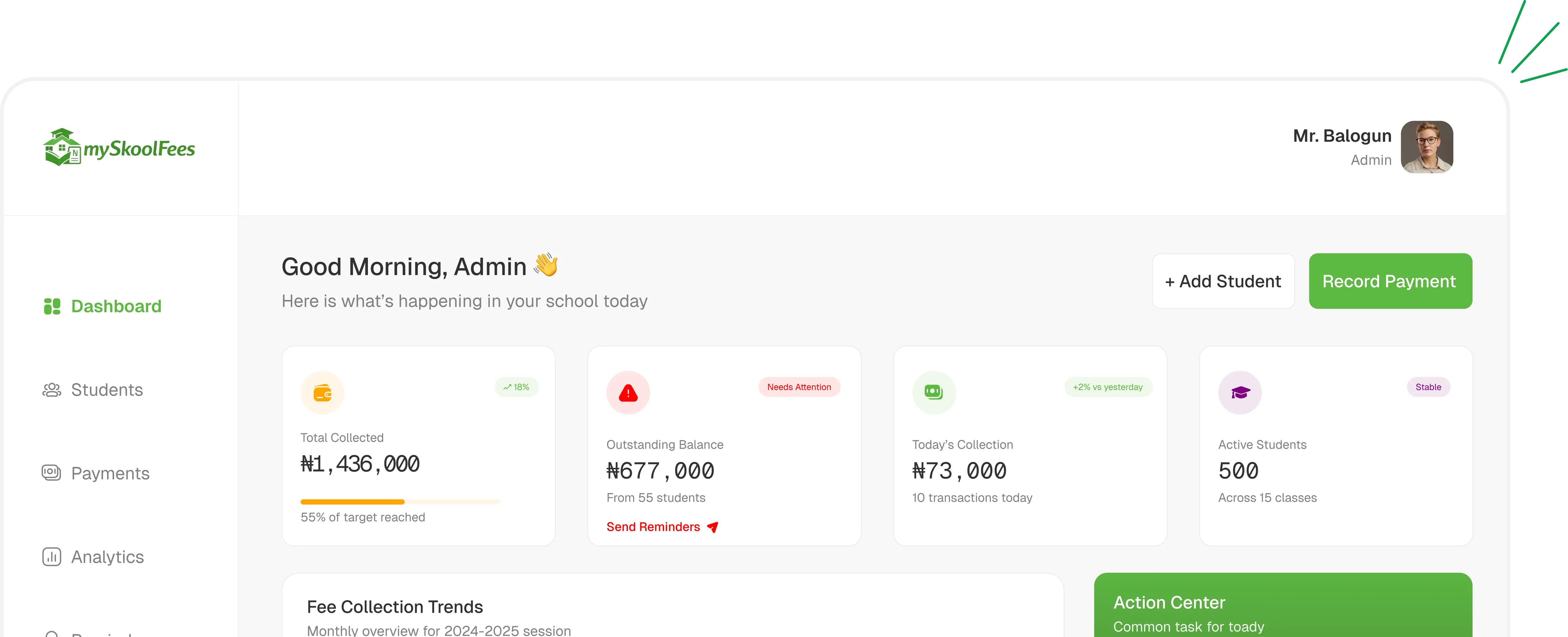 mySkoolFees dashboard showing fee collection analytics and management interface